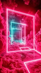 Neon Light Tunnel Through Pink Clouds - Futuristic Abstract Art
