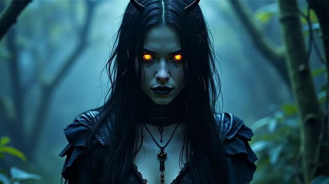 A woman with glowing orange eyes, black horns, and gothic attire moves slightly forward in a dark, foggy forest, creating an eerie atmosphere.