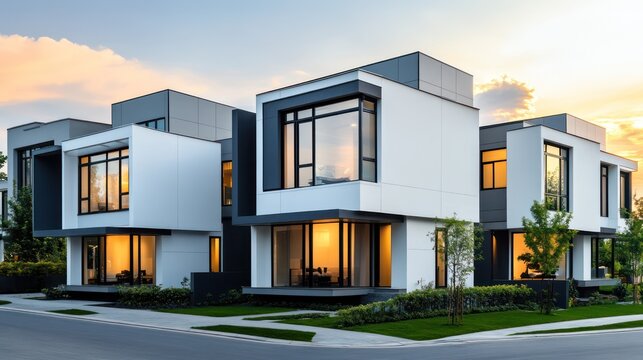 A trio of contemporary townhouses, each with clean, minimalist white and grey exteriors and black accents