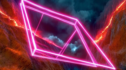 Abstract Neon Glowing Lines Landscape Design with Pink Geometric Shapes