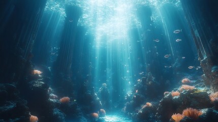 Fototapeta premium sunlight streaming down into the underwater world creating a mesmerizing ambiance. coral reefs, fish and various forms of marine life add to the captivating scene