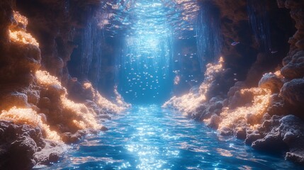 Obraz premium a mystical underwater cave with a sparkling blue river flowing through it. The walls of the cave have a golden glow. The light shining through the water creates a magical scene
