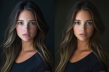 Comparison of unedited and enhanced portrait showcasing professional retouching in Saint Petersburg studio Generative AI