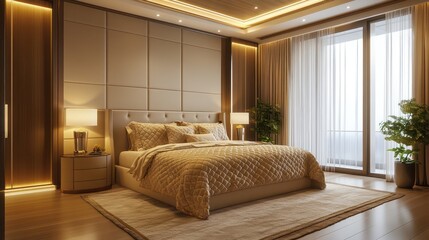A villa bedroom with elegant beige and gold tones, featuring a bed with double-quilted silk fabric