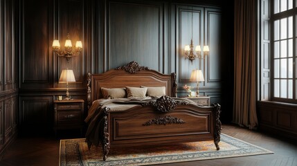 A vintage-inspired bedroom with a carved wooden bed, dark paneling on the walls, and vintage furnishings in deep wood tones