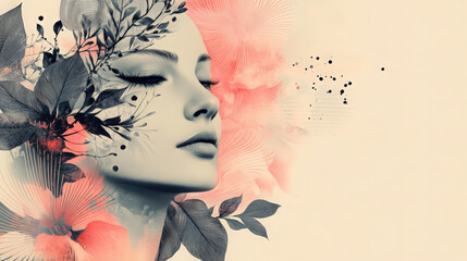 An art nouveau inspired portrait features a woman adorned with floral elements and flowing lines, creating an elegant and decorative advertising design.