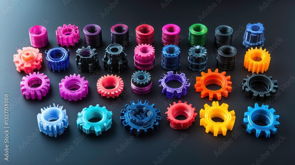Aufkleber colorful plastic gears and cogs in various sizes and shapes arranged on a dark background for creati
