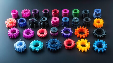 Colorful Plastic Gears and Cogs in Various Sizes and Shapes Arranged on a Dark Background for Creative Projects and Design Concepts