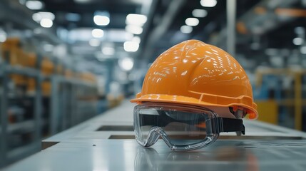 An orange safety helmet and protective goggles on a factory floor, emphasizing workplace safety and industrial environment.