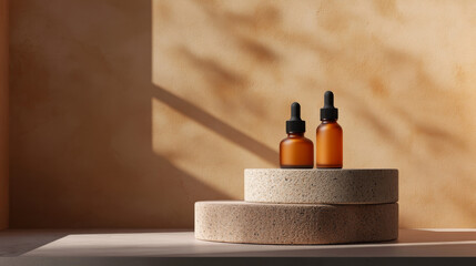 A creative and modern product display featuring a cosmetic dropper bottle arranged on a podium made of wood and stone, set against a warm brown background with hard shadows