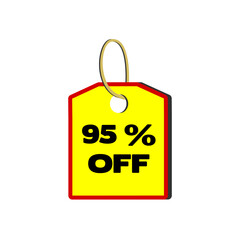 95% off yellow tag with red border, beige cord and white background