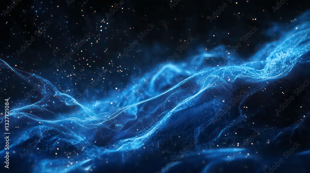 Poster abstract blue wave background with glowing lines and particles, representing technology, data flow, 