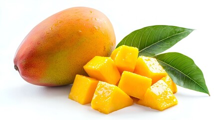 Fresh mango cubes with whole fruit and green