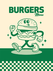 Green Burger Menu Poster. Vector Illustration of Retro Cartoon Happy Concept. Street Food.