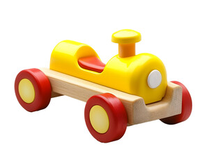 yellow wooden toy car with red wheels isolated png transparent cutout