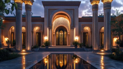A beautifully designed entrance courtyard with an intricately carved Moorish archway and tall columns bathed in warm, ambient lighting