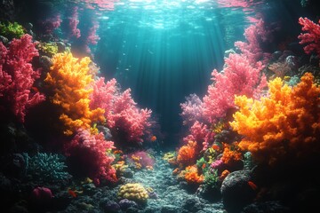 Fototapeta premium a stunning underwater view of a vibrant coral reef, bathed in sunlight and teeming with life and colorful corals