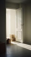 Sunlit Open Door with Moving Boxes in an Empty Room