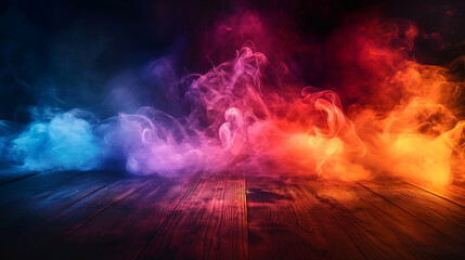 Fototapeta premium Colorful Smoke Effect Dark Wooden Background, Dramatic Moody Atmosphere, Abstract Design