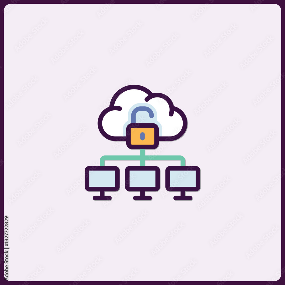 Poster cloud security system with open lock protects computer network safety