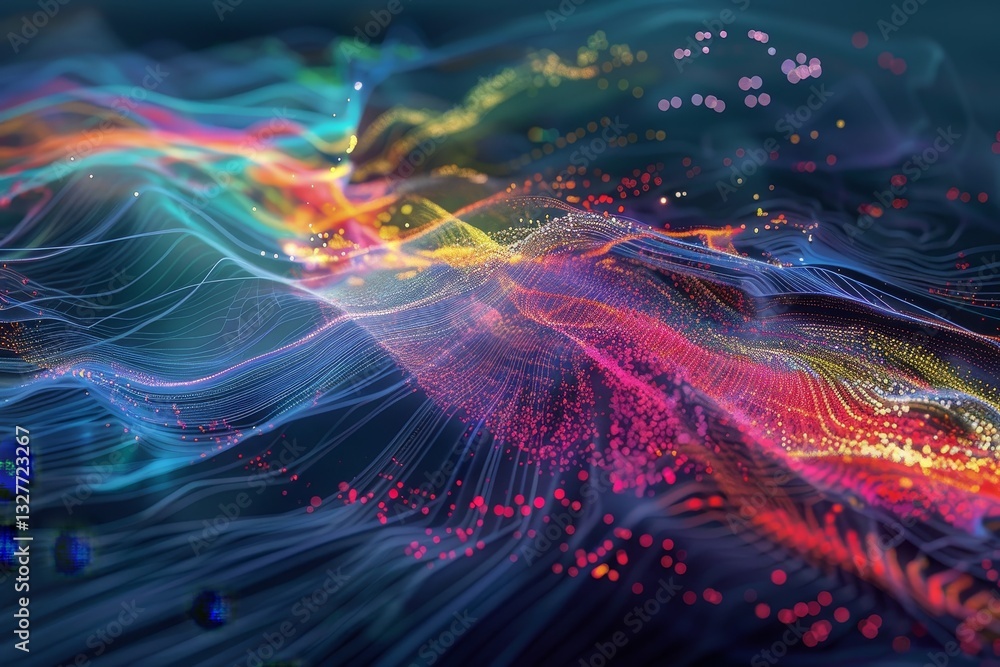 Poster a digital illustration depicting the flow of information as colorful lines and particles across a di