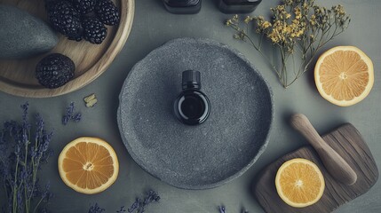 Aroma oil and spa items are arranged on a gray table.