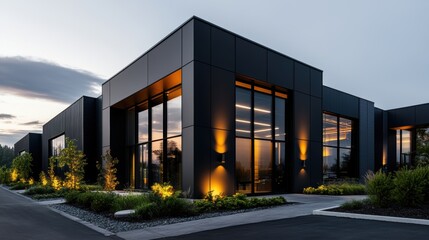 Obraz premium urban architecture, a line of contemporary industrial structures with concrete exteriors and steel details, bathed in the evenings gentle glow