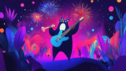 Animated bear playing a guitar with a trumpet and fireworks