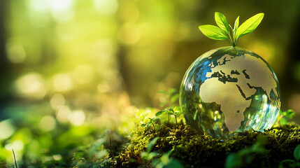 Eco-Friendly Concept with Transparent Glass Globe and Growing Plant Symbolizing Sustainability, Global Conservation, and Environmental Awareness in a Lush Green Forest Background