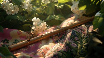 Wooden flute resting on patterned fabric amongst blossoms