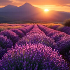 Obraz premium a field of blooming lavender plants, bathed in the warm glow of the setting sun, with mountains in the background. The scene evokes a sense of peace and tranquility
