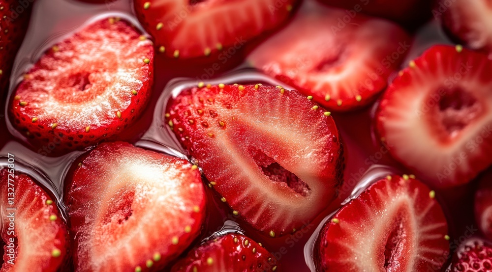 Poster sliced strawberries floating in water refreshing and appetizing red fruit