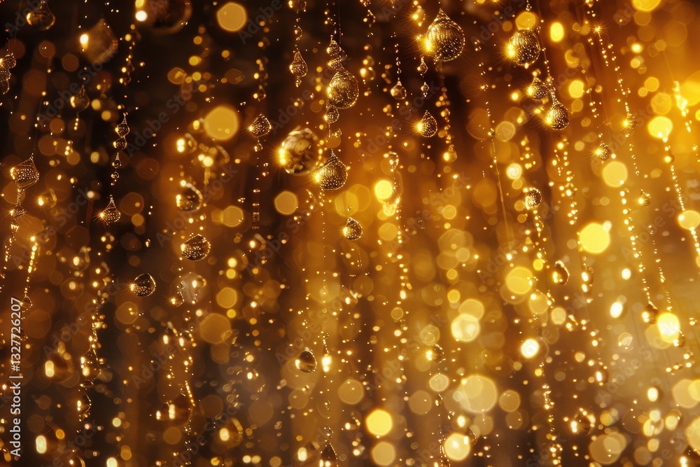 Poster a close-up of golden raindrops falling on a reflective surface, creating a mesmerizing display of li