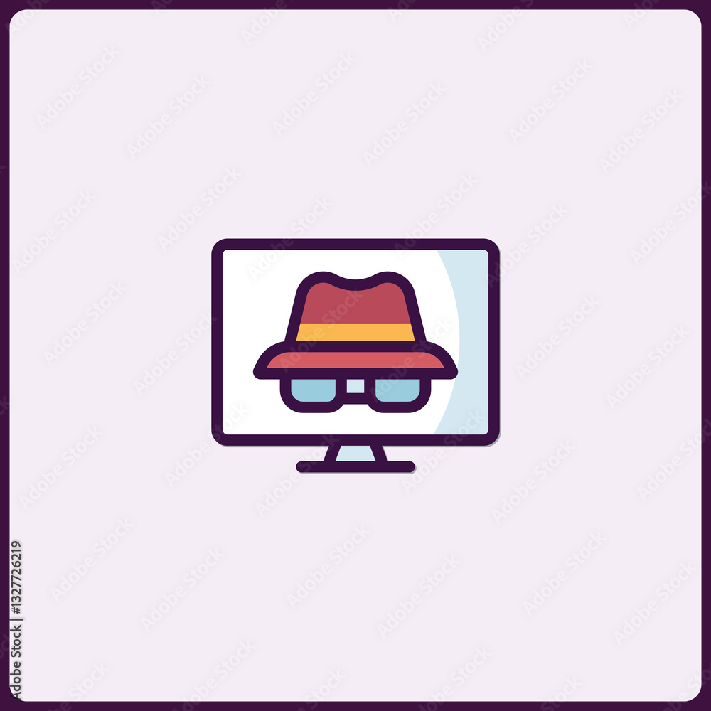 Poster computer screen displaying a mysterious character with hat and glasses icon