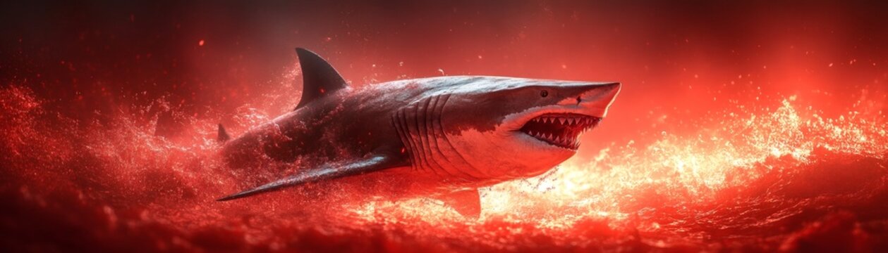 a great white shark breaching through red water with its mouth open and its sharp teeth on display. the background of the image is fire-like effect