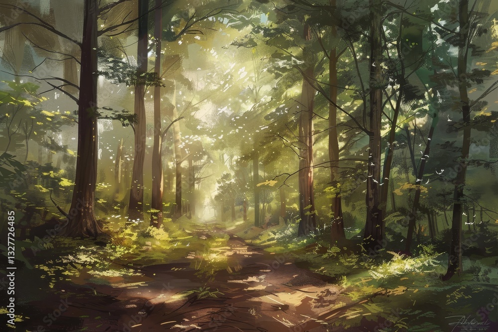 Poster a peaceful forest scene with dappled sunlight filtering through the trees, illuminating a path leadi