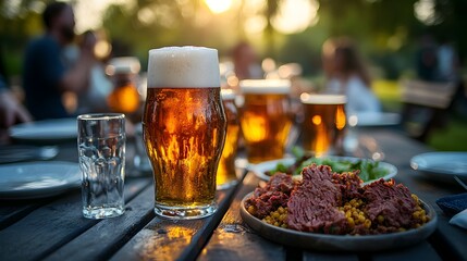 A delicious combination of beer and food on a table perfect for enjoying with friends at a casual gathering