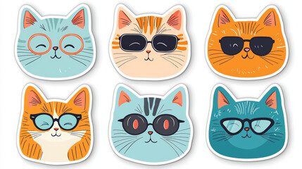 Fototapeta premium Cute and funny cat stickers with glasses and sunglasses. concept of cartoon illustrations, feline humour, pet art, whimsical design isolated on white background, digital sticker collection, set