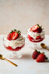 Strawberry Dessert in Glass Cups with Whipped Cream Delicious Treat