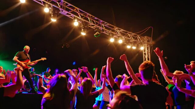 Live music performance captivates audience under vibrant lights at outdoor venue