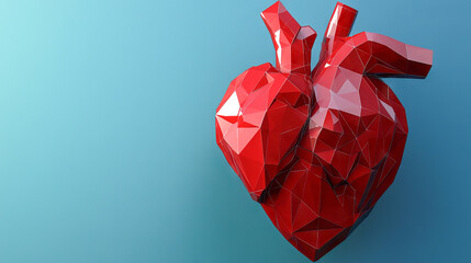 Red geometric anatomical heart with polygonal facets on blue background. Concept of medical science, digital art, cardiology, love, health, futuristic design. Copy space