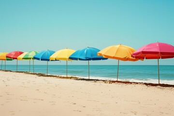 Fototapeta premium A row of brightly colored beach umbrellas stand on a white sandy beach, facing the calm blue water, A row of colorful beach umbrellas lining the shore
