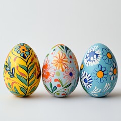Fototapeta premium Beautifully decorated Easter eggs featuring intricate floral and folk art patterns in vibrant colors, set against a clean background.