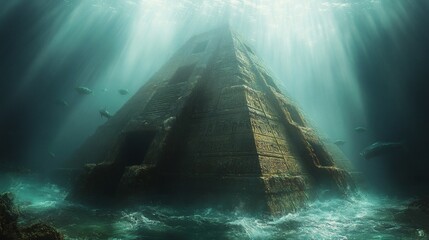 an underwater pyramid revealed amidst sunlit depths, teeming with aquatic life, hinting at a lost civilization
