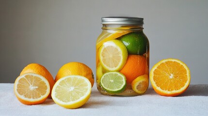   A jar with lemons, limes, and limes alongside oranges and limes