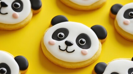 Cute and Adorable Panda Cookies With Icing on Vibrant Yellow Background for Kids Birthday Parties and Bakery Promotions
