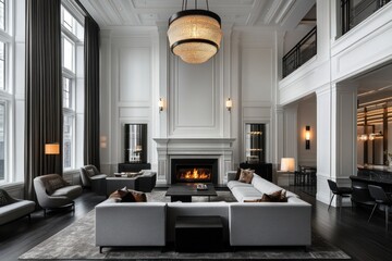 Fototapeta premium Luxurious living room with fireplace, high ceilings, and large windows. (1)