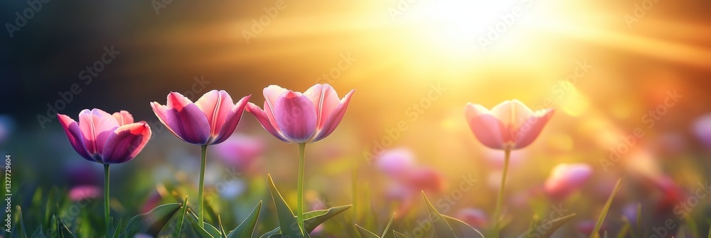 Poster pink tulips bathed in the glorious sunset with shallow depth of field, creating a dreamy bokeh.