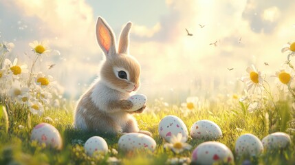Adorable Easter Bunny with Decorated Eggs in Spring Meadow