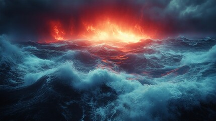 Fototapeta premium a dramatic view of a stormy sea with fiery sky. The waves are high and the sky is dark and full of clouds